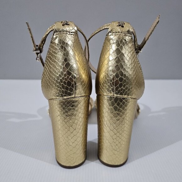Sam Edelman Yaro Block Heel Sandal Women 11 Gold Snake Embossed Metallic Evening - Picture 11 of 16